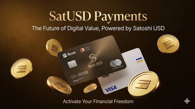 A promotional image for 'SatUSD Payments' with the tagline 'The Future of Digital Value, Powered by Satoshi USD,' featuring a black SatUSD credit card alongside a Visa card, surrounded by floating golden SatUSD coins.