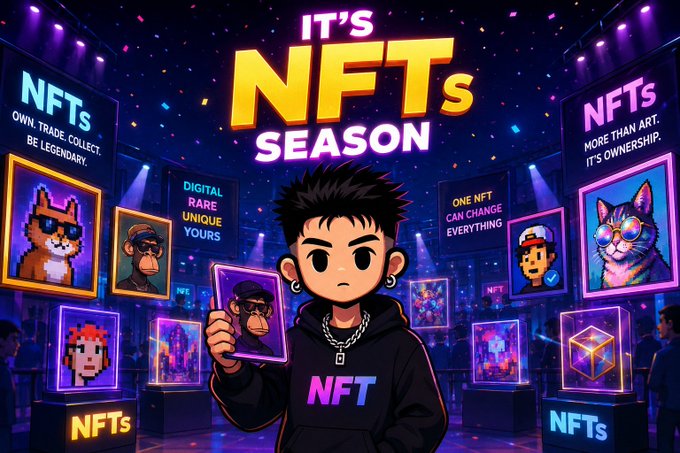 A colorful, cartoon-style illustration promoting 'NFTs SEASON' with a central character holding a digital card, surrounded by pixel art characters and text like 'DIGITAL RARE UNIQUE YOURS'.