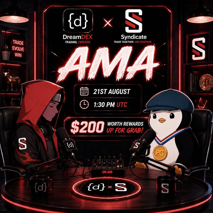 The image is a promotional graphic for an AMA event featuring the logos of DreamDEX (tagline "Trading. Evolved.") and Syndicate (tagline "Trade Together. Win Together."), announcing the session on "21st August at 1:30 PM UTC" with "$200 worth of rewards up for grab!" The visual depicts a stylized podcast/stream setup with a hooded figure and a penguin mascot seated at a desk with microphones, complementing the post's invitation to join the upcoming AMA between Syndicate and DreamDEX.