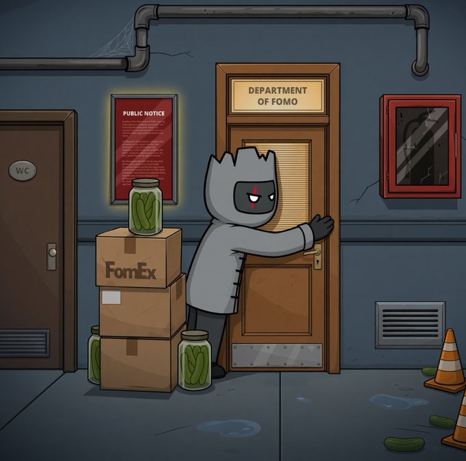 A cartoon illustration of a hooded figure at the "DEPARTMENT OF FOMO," opening a door next to stacked boxes labeled "FomEx" containing jars of pickles, with traffic cones and spilled pickles nearby.