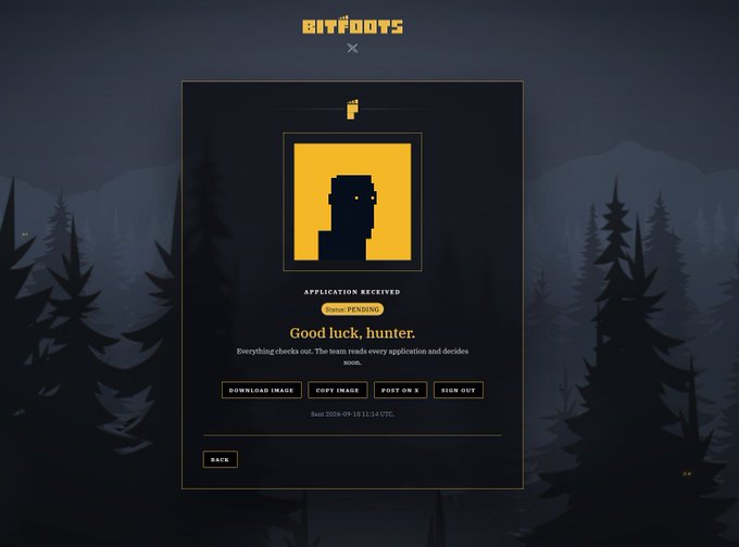 A dark-themed webpage titled 'BITFOOTS' displays 'APPLICATION RECEIVED' with status 'PENDING' and the message 'Good luck, hunter,' set against a forest silhouette background.