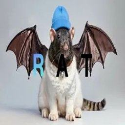 A gray and white cat wearing a blue beanie with bat wings and the text 'R A T' overlaid.