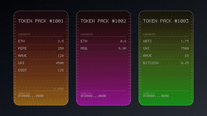 Three colorful "Token Pack" cards (#1001, #1002, #1003) display crypto rewards including ETH, PEPE, ARWE, UNI, USDT, MOG, WBTC, and BITCOIN, with an "OWNED BY" address listed at the bottom of each—suggesting a concept mockup where users spin for ERC-20 tokens, as hinted in the post about upcoming $FWA ecosystem features.