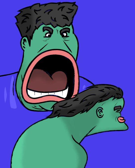 A cartoon illustration depicting a large Hulk-like figure with a massive open mouth screaming behind a smaller figure with green skin who is sticking their tongue out.