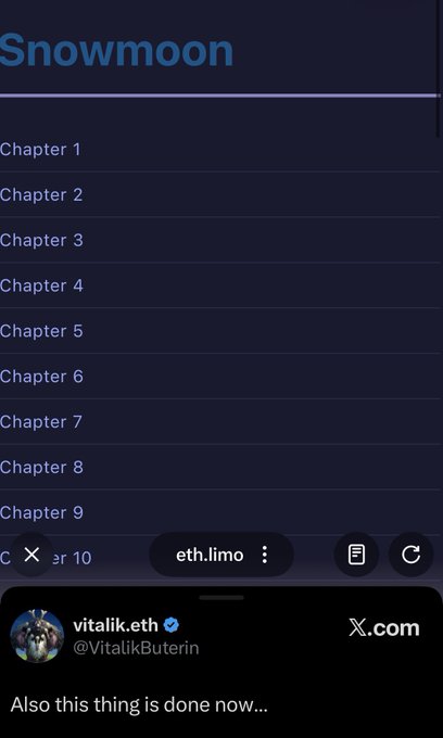 A mobile screenshot displays a 'Snowmoon' website interface with a list of chapters on a dark blue background, while a tweet from Vitalik Buterin (@VitalikButerin) appears at the bottom stating 'Also this thing is done now...'
