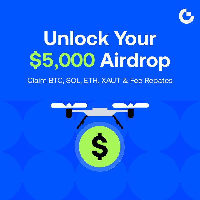 Promotional graphic with a blue background featuring a drone illustration carrying a dollar sign coin, with text reading 'Unlock Your $5,000 Airdrop' and 'Claim BTC, SOL, ETH, XAUT & Fee Rebates.'