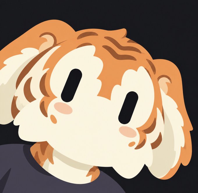 A cartoon-style illustration of a fluffy orange and white creature with large black eyes against a black background.