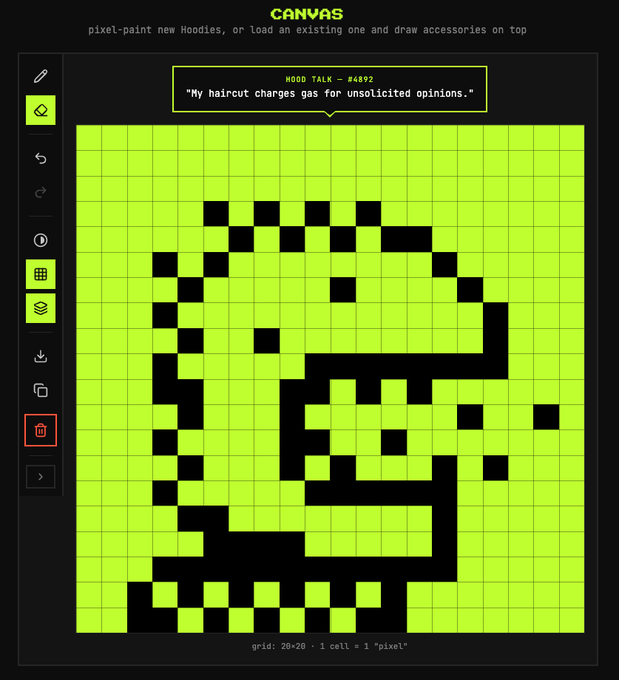 A pixel-art canvas interface titled "CANVAS" displaying a green skull design with the caption "MOOD TALK — #4892 'My haircut charges gas for unsolicited opinions.'" on a 20x20 grid.