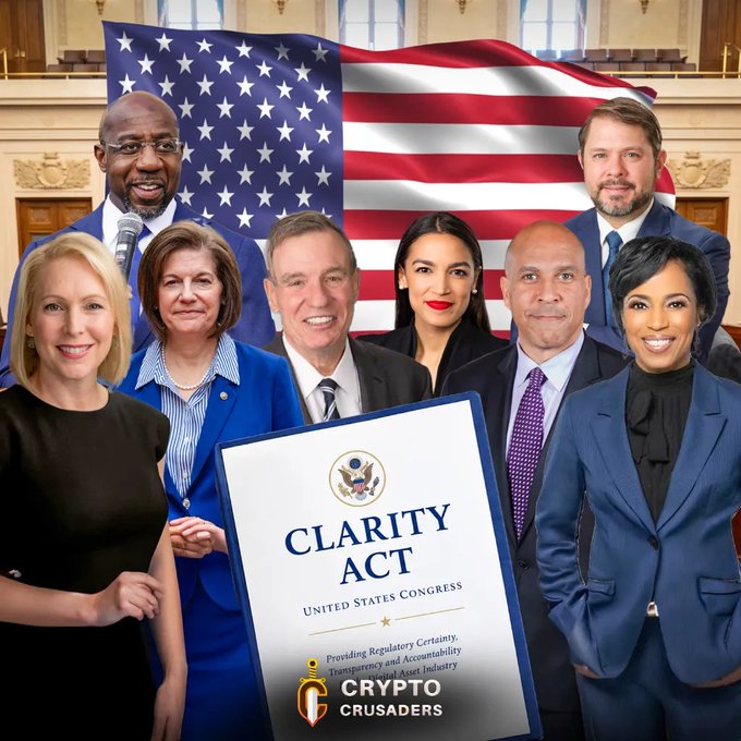 A group of seven people in business attire pose in front of a US flag and government building, holding a "CLARITY ACT" document with a "CRYPTO CRUSADERS" logo at the bottom.