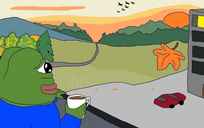 A digital drawing of a Pepe the Frog character in a blue shirt holding a steaming mug of coffee, looking out over a landscape with mountains, a sunset, a red car, and an autumn leaf.