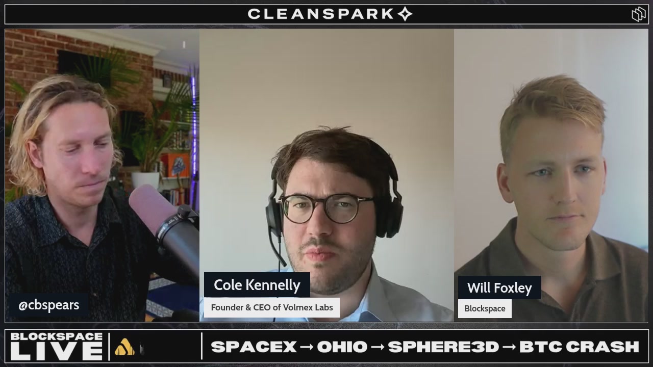 The image shows a panel discussion or interview featuring three men, each wearing headphones. The first man has short hair and is wearing glasses, while the other two have longer hair. They are all sitting around a table with microphones, suggesting that they might be discussing topics related to technology, space exploration, or data centers. The post also mentions Bitcoin and its volatility, which could potentially be related to the discussion on the panel.