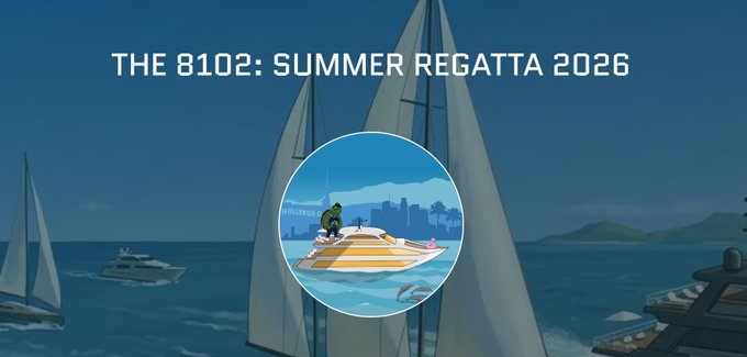 A promotional banner with the text 'THE 8102: SUMMER REGATTA 2026' overlaid on a background of sailboats on the water, featuring a central circular logo that includes a cartoon figure, a yacht, and a city skyline.