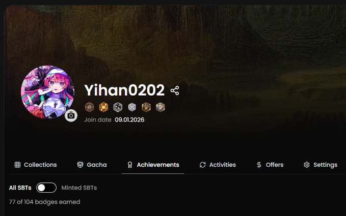 A profile page screenshot for a user named 'Yihan0202' with an anime girl avatar, join date 09.01.2026, displaying 77 of 104 badges earned, with tabs for Collections, Gacha, Achievements, Activities, Offers, and Settings.