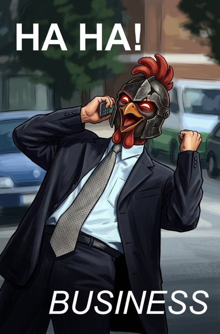 A cartoon figure in a business suit and rooster helmet laughs while talking on a phone, with the text "HA HA! BUSINESS" overlaid. The image humorously illustrates the post's focus on business and the "Cluckin' Go" rallying cry tied to the $AVAX announcement.