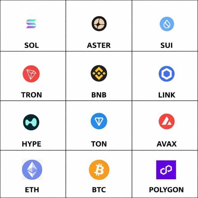 A 4x3 grid displays 12 cryptocurrency options including SOL, ASTER, SUI, TRON, BNB, LINK, HYPE, TON, AVAX, ETH, BTC, and POLYGON, each with its respective logo. The image serves as a visual selection menu accompanying the post's question asking which crypto coin readers would invest $50,000 in.