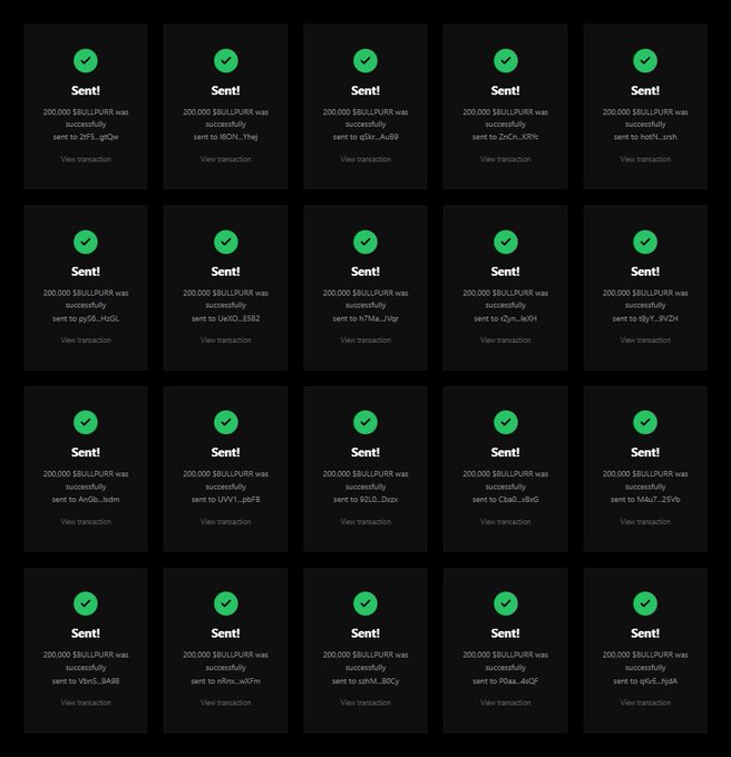 The image displays a grid of 20 confirmation cards, each marked with a green checkmark and reading "Sent! 200,000 $BULLPURR was successfully sent to [wallet address]," along with a "View transaction" link. This serves as visual proof of the airdrop distribution, showing multiple successful transfers of 200,000 $BULLPURR tokens to various Solana wallet addresses as promised in the accompanying giveaway announcement.