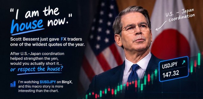 A financial graphic showing Scott Bessent with the quote "I am the house now," referencing U.S.-Japan coordination and USDJPY at 147.32 with a candlestick chart.