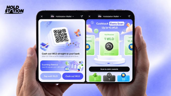 A pair of hands holds a smartphone displaying the Holdstation Wallet app, featuring "Cash-out WLD straight to your bank" and a "Cashback Every Scan Up to 10 WLD" reward interface. The image showcases the app's dual-screen functionality, highlighting the cash-out and scanning features mentioned in the post promoting Holdstation's mini-app.
