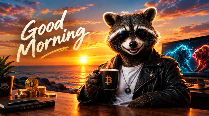 A stylish raccoon wearing sunglasses and a leather jacket holds a Bitcoin mug at sunset, with "Good Morning" written in elegant script, gold coins, and a monitor displaying a charging bull and lion in the background—visually reinforcing the motivational message about embracing each new day in the market with resilience and optimism.