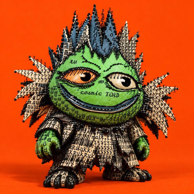 A whimsical, handmade figure titled 'cosmic TOAD' stands against a bright orange background, featuring a green face, spiky paper hair, and a body covered in printed text and numbers.