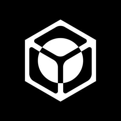 A minimalist white logo on a black background depicting a hexagonal shape containing a circular design with three segments.