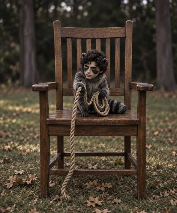 A surreal image of a small, furry, raccoon-like creature with a melancholic human-like face sitting on a wooden chair in a forest, holding a rope.