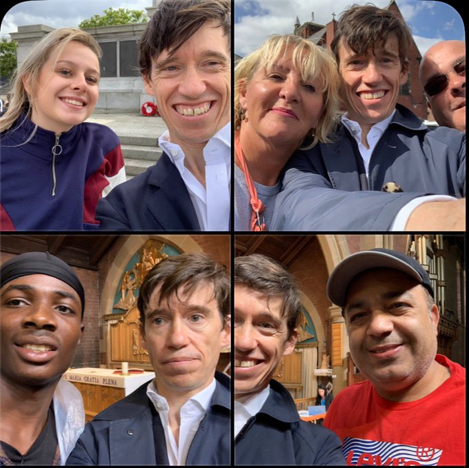 A four-panel collage of selfies featuring a man in a dark jacket posing with different people in various locations.