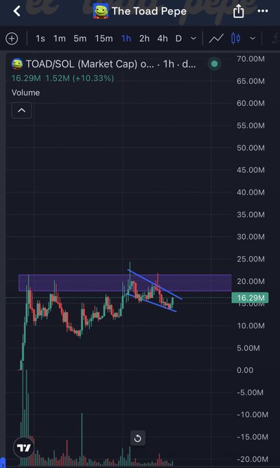 A TradingView chart of $TOAD/SOL shows the meme coin "The Toad Pepe" at $16.29M market cap, up 10.33%, with price action displaying a descending wedge pattern within a key resistance zone between $15M-$20M.