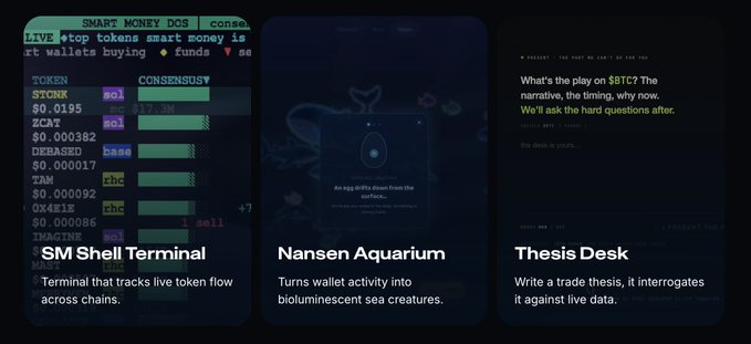 Three panels of an AI/crypto application labeled 'SM Shell Terminal' tracking live token flow, 'Nansen Aquarium' for bioluminescent sea creatures, and 'Thesis Desk' for writing trade theses.