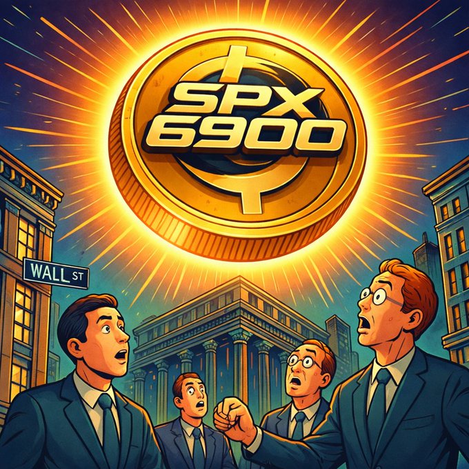 An illustration featuring men in business suits looking up in shock at a large golden coin with "SPX 6900" emblazoned on it, set against a Wall Street backdrop with a "WALL ST" sign visible.