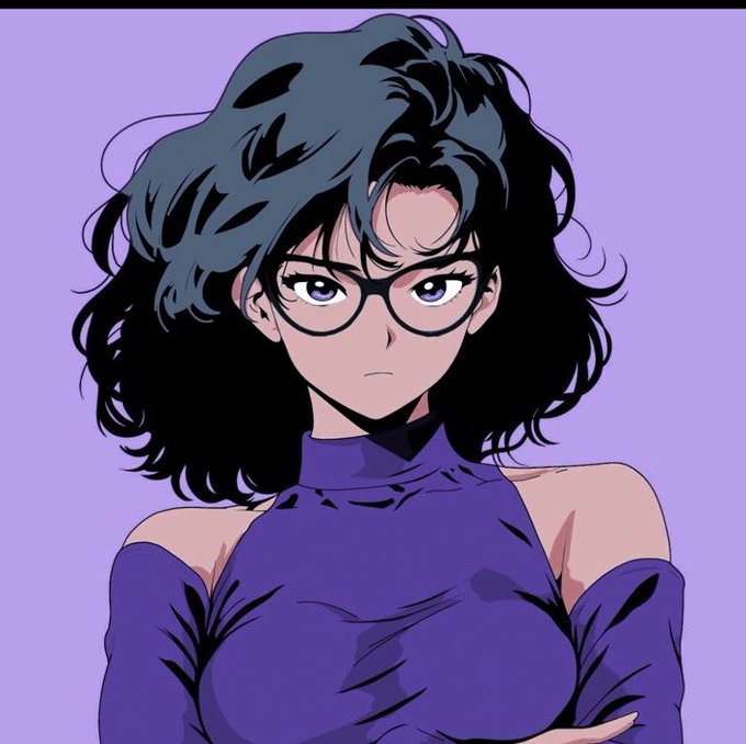 Anime-style illustration of a young woman with dark curly hair, glasses, and a purple off-shoulder top against a lavender background.