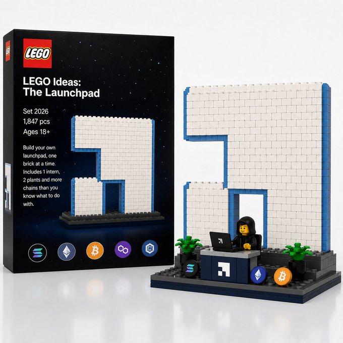 A product shot of a "LEGO Ideas: The Launchpad" set (Set 2026, 1,847 pcs) featuring a white and blue structure, a minifigure working at a laptop, and various crypto logos including Ethereum, Solana, Bitcoin, and Polygon.