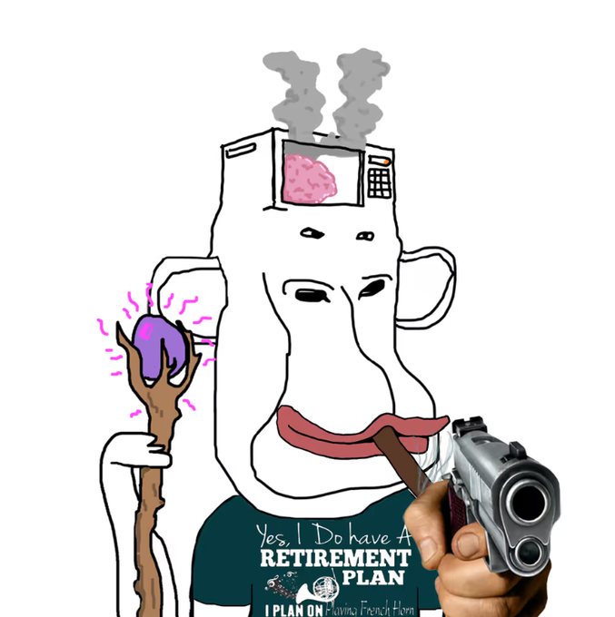 A crudely drawn Wojak-style figure with a microwave for a head, melting brain, wizard staff, and tongue holding a gun wears a t-shirt reading "Yes, I Do have A RETIREMENT PLAN / I PLAN ON Playing French Horn" while a hand points a pistol at the viewer—visually satirizing the poster's warning about going offline to rewrite a "mint bot" source code and walking away from free mint opportunities.