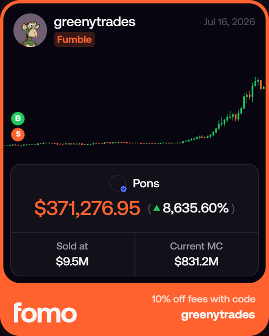 A screenshot from the FOMO app shows a trade record from user "greenytrades" dated July 16, 2026, tagged as a "Fumble." The chart displays a massive surge for the token "Pons," which sold at a $9.5M market cap but is now valued at $831.2M, representing a missed gain of $371,276.95 (8,635.60%). The post's message about sharing trading fumbles as learning opportunities aligns with the image, as the user highlights this missed trade despite its astronomical returns.