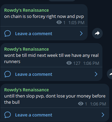 Three notifications from a user named "Rowdy's Renaissance" appear on a dark-themed app, with messages urging recipients to buy "pvp" (timestamped 1:05 PM) and "pve" (timestamps 1:06 and 1:27 PM) before prices drop. Each post includes a comment field and shows engagement counts of 1, 1, and 127 respectively.