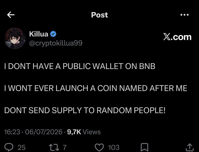 The image is a tweet from "Killua" (@cryptokillua99) clarifying "I DONT HAVE A PUBLIC WALLET ON BNB / I WONT EVER LAUNCH A COIN NAMED AFTER ME / DONT SEND SUPPLY TO RANDOM PEOPLE!" The caption accompanies this by noting that the post criticizes the tweet for not issuing a clear, proactive endorsement disclaimer against coins launched in his name.