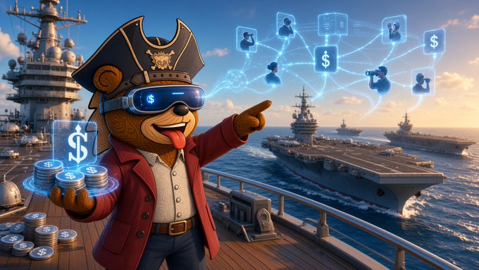 A pirate bear mascot in a captain's hat and VR goggles holds glowing dollar-sign coins while pointing at a network of interconnected users, set against a backdrop of naval warships at sea — visually representing the $EthraShip Harbor protocol mentioned in the post, where users deploy USDC/USDT into Morpho strategies on Base for split yield returns.