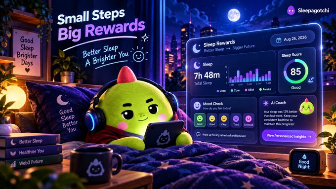 A promotional illustration for the 'Sleepagotchi' app features a green character wearing headphones in bed, displaying a dashboard with 'Sleep Rewards', a sleep score of 85, and an 'AI Coach' message.