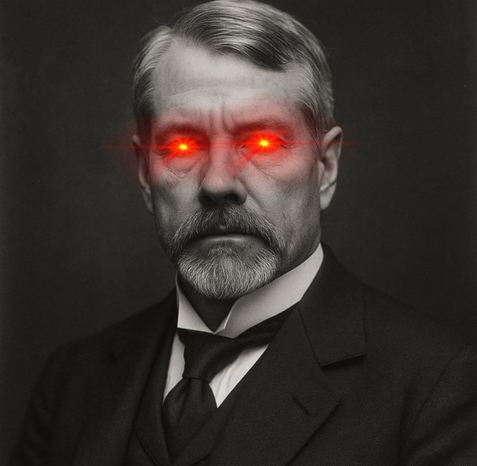 A black and white portrait of a stern older man in a suit with glowing red eyes and laser effects.