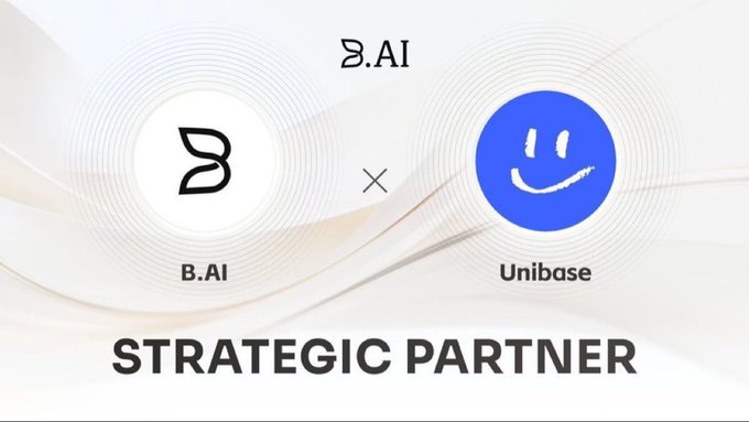 A partnership announcement graphic featuring the 'B.AI' and 'Unibase' logos with an 'X' between them and the text 'STRATEGIC PARTNER' at the bottom, set against a wavy cream background.
