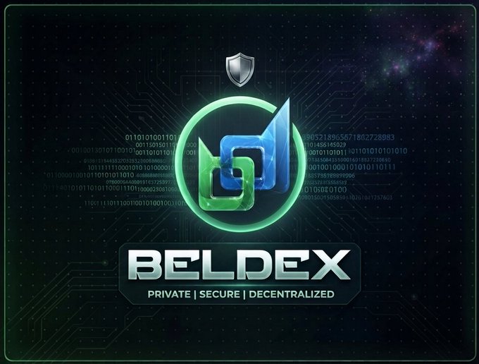 A digital graphic displaying the BELDEX logo with a shield icon, featuring a blue and green interlocking design over a dark circuit board background with binary code, and the tagline 'PRIVATE | SECURE | DECENTRALIZED'.
