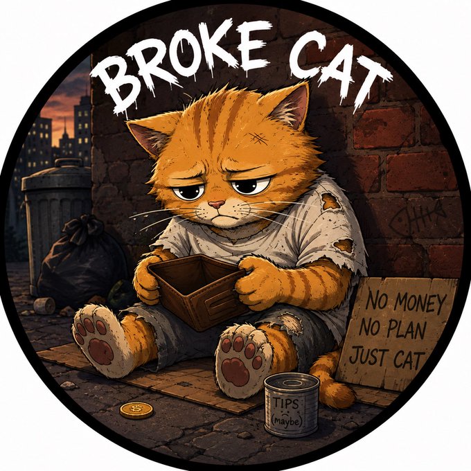 An illustration of an orange cat in tattered clothes sitting on a sidewalk with an empty bowl, labeled 'BROKE CAT' and 'NO MONEY NO PLAN JUST CAT'.