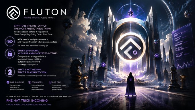 A futuristic promotional graphic for 'FLUTON' cryptocurrency, featuring a hooded figure standing before a glowing portal with the Fluton logo, alongside text about FHE and encrypted intents, minting being 'UNLIMITED', and the tagline 'THE HAT TRICK INCOMING'.