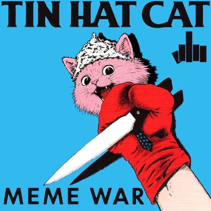 The image features a cartoon cat wearing a hat, holding a knife over its head as if it's giving a speech or making a statement about meme war. The cat appears to be in a playful manner, with its mouth open wide as if it is speaking. The background of the image is blue and white, which contrasts nicely with the pink color of the cat's hat.