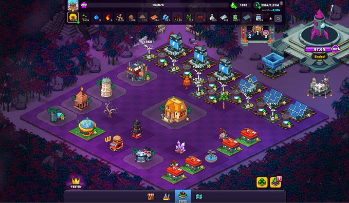 The image shows a video game screen with a purple background featuring various buildings and structures. The game appears to be called "Craft World Craft World" or "Craft World: The Sims", as indicated by the title text displayed at the top of the screen. The game is currently in the leaderboard, holding the #3 spot among all projects posted this month. It has attracted over 40,000 distinct participants and boasts a fully on-chain economy.