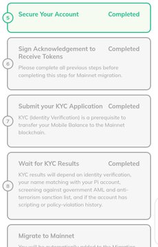 A checklist screenshot showing completed steps 5-8 with green checkmarks, including "Secure Your Account," "Sign Acknowledgement to Receive Tokens," "Submit your KYC Application," and "Wait for KYC Results," though the post notes these completed steps have unexpectedly turned gray in the Mainnet Checklist for some Pioneers.