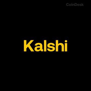The image shows the Kalshi logo in bold yellow text on a black background, with "CoinDesk" displayed in the top right corner. This branding ties to the news that Kalshi, the prediction market platform, has stated it is not under investigation by the CFTC over trading activity.