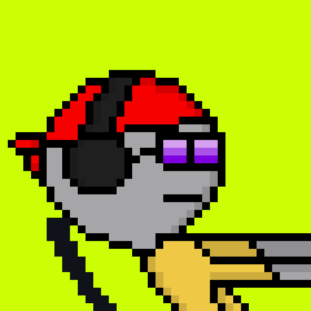 A pixel art character wearing a red cap, purple sunglasses, and a yellow shirt against a bright lime green background.