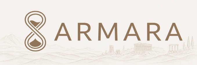 The image displays the "ARMARA" logo in brown text alongside an infinity symbol containing mountains, set above a faded background featuring ancient Greek ruins and mountainous terrain—evoking the "sovereign" and enduring themes of the Armara OS, a self-hosted AI operating system tagline ("Your AI. Your machine. Your rules.") that emphasizes control and permanence.