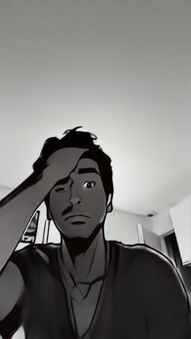A stylized, grayscale animated illustration depicts a man looking weary or distressed, with his hand resting on his forehead.